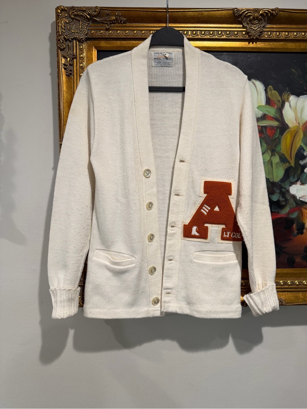 Vintage Varsity Cream Shawl-Collar Cardigan with Orange Letter A Patch